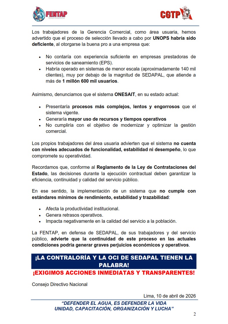FENTAP4's tweet image. LA FENTAP EXIGE A LA CONTRALORÍA GENERAL DE LA REPÚBLICA Y A LA OCI DE SEDAPAL INFORMAR LOS RESULTADOS DE LAS INVESTIGACIONES SOBRE PRESUNTOS ACTOS DE CORRUPCIÓN E IRREGULARIDADES EN EL CONTRATO DEL SISTEMA COMERCIAL “ONESAIT”

#peru #corrupcionperú  #limaperú @SedapalOficial