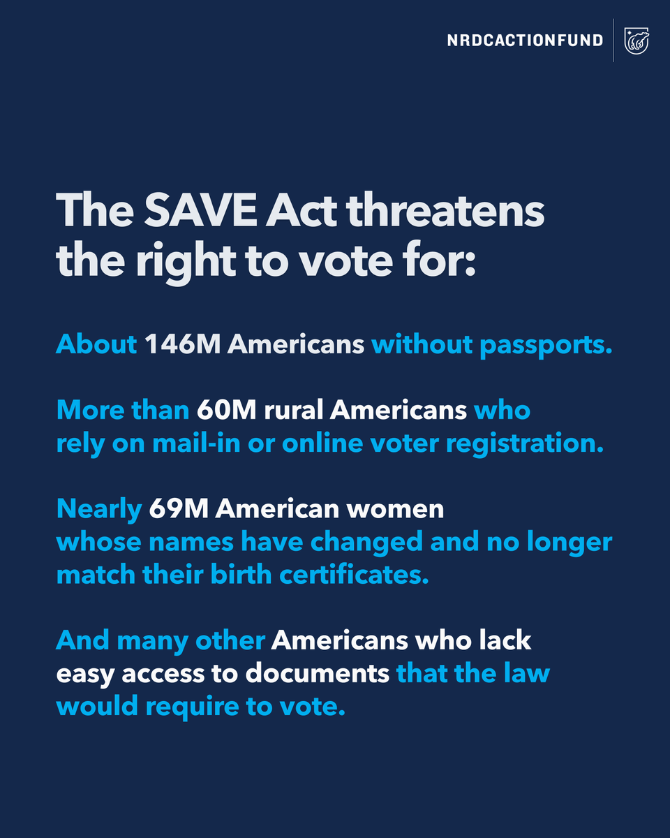 President Trump and Republican leaders are pushing the SAVE Act, a bill that would make it harder for millions of Americans to vote, so they can keep rolling back climate and many other protections without accountability. Congress must stop this and vote NO on the SAVE Act.