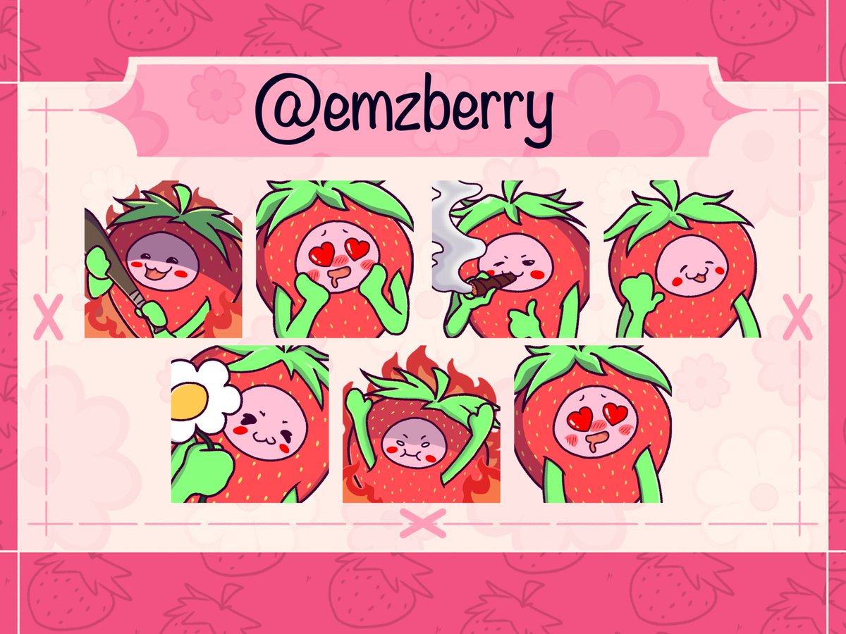 VN_Serus's tweet photo. A shame I couldn’t watch the stream live, but I’m still honoured that I could part of your debut, @emzberry 

Anyways here’s the 5 emotes I was commissioned for
+ 2 extra cause why not
#VGenComm #emzberry https://t.co/wu3N661zff