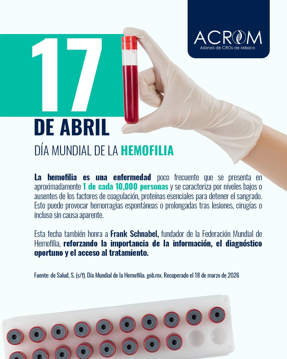 Hoy se conmemora el Día Mundial de la Hemofilia, una fecha que busca generar conciencia sobre este trastorno hereditario que afecta la coagulación de la sangre.🧬🩸
gob.mx/salud/articulo…
#ACROM #diamundialdelahemofilia #hemofilia