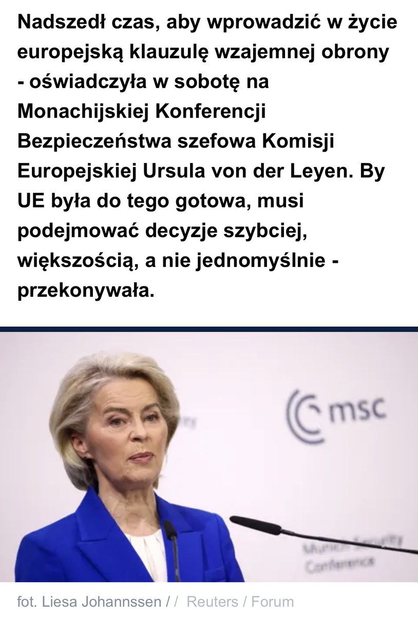 🇪🇺 Von der Leyen: „w obliczu dzisiejszych zagrożeń nie możemy już dłużej polegać na systemie, który zbudowaliśmy w oparciu o wartości, kompromis i konsensus.” 

🇪🇸 Pedro Sanchez: „Jesteśmy gotowi do postępu w kierunku wspólnej europejskiej armii. Nie za dziesięć lat, ani za dwa,
