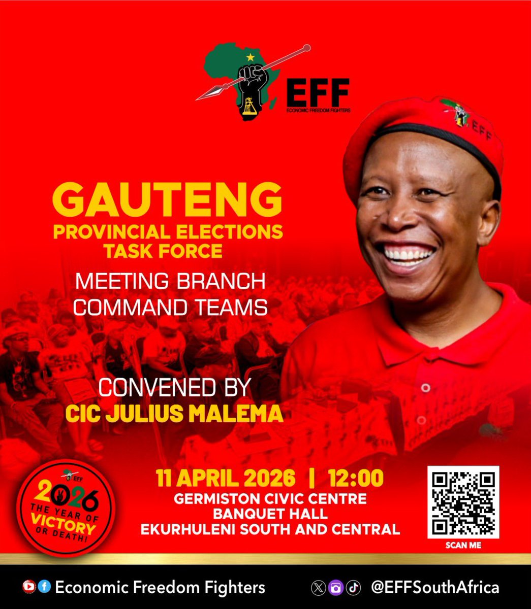 EFFSouthAfrica's tweet image. ♦️Do Not Miss It♦️

The President and Commander in Chief @Julius_S_Malema will address the Ekurhuleni South and  Central Subregions, Branch Command Teams on the 11th of April 2026 at 12H00. 

#RegisterToVoteEFF  In The 2026 Local Government Elections On The Following Link: