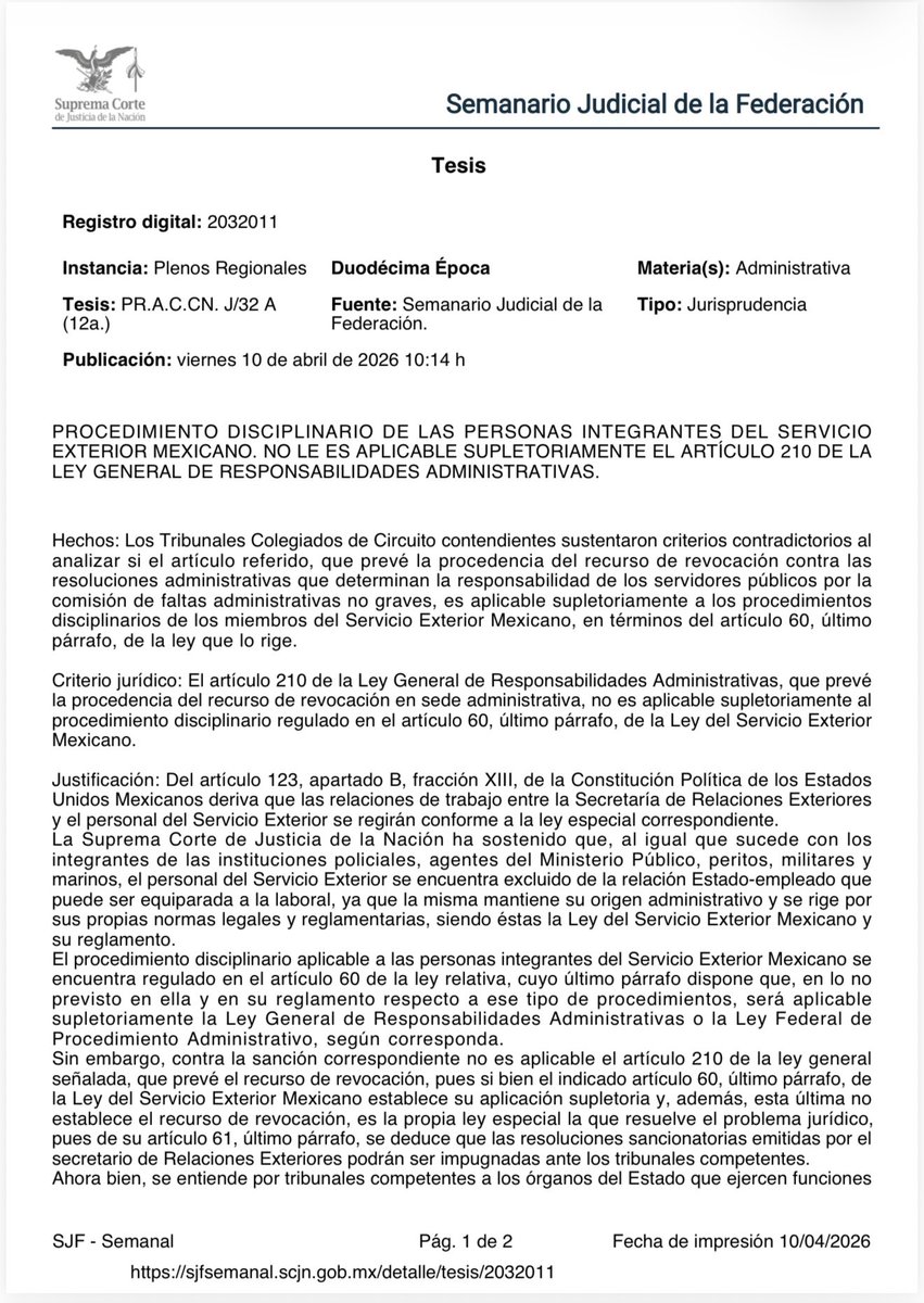 rsperrilliat's tweet photo. PROCEDIMIENTO DISCIPLINARIO DE LAS PERSONAS INTEGRANTES DEL SERVICIO EXTERIOR MEXICANO. NO LE ES APLICABLE SUPLETORIAMENTE EL ARTÍCULO 210 DE LA LEY GENERAL DE RESPONSABILIDADES ADMINISTRATIVAS. https://t.co/Mp1K70n84J