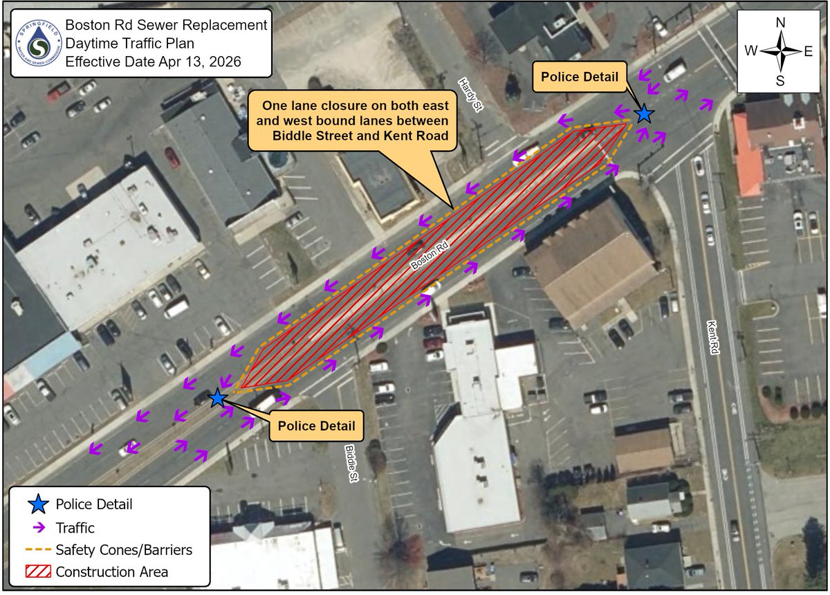 SpfldWaterSewer's tweet photo. Sewer work begins 4/13/26 on Boston Rd from Biddle St to Hardy St. Day &amp; night traffic plans in place.  Traffic managed with signs &amp; police details. Thanks for your patience during this work. Call 413-310-3501 with questions. More info: https://t.co/MwBGQGkuLM https://t.co/MNGh7JpmRx