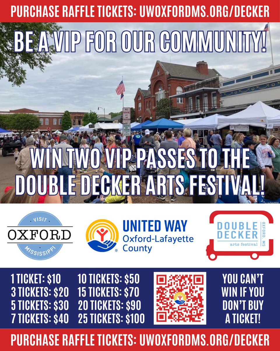 Be a VIP for our community! Buy tickets for your opportunity to win two VIP passes to this year’s Double Decker Arts Festival from our amazing friends at Visit Oxford! 

🚨🔥 uwoxfordms.org/decker 🔥🚨 

#UWOxfordMS #UnitedIsOurWay #BeOurWe #GiveOxford #InvestInLOU