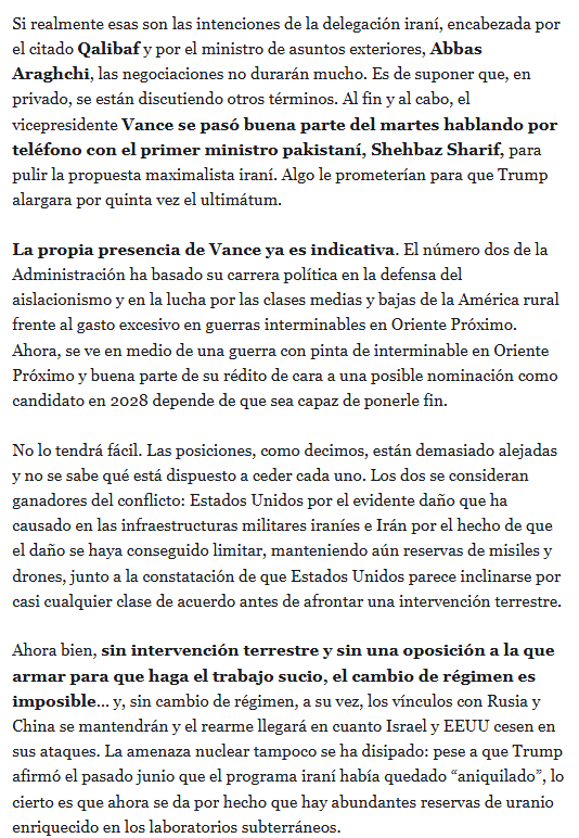 Mañana empieza la cumbre de Islamabad entre Irán y Estados Unidos. Explicamos las claves, como siempre, en <a href="/elespanolcom/">EL ESPAÑOL</a>