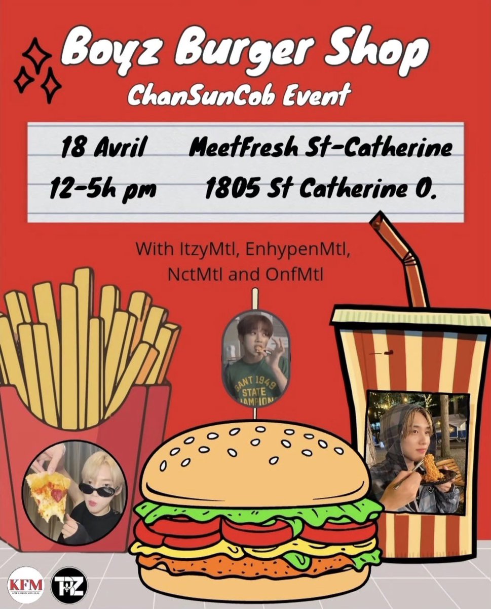KFMtl's tweet photo. Do you smell this tasty smell coming from the park???

It's the Boyz Burger Shop!!!

Come join us and enjoy a good meal and some fun drinks with us while having fun with other deobis.

We will also be joined by our few low team : itzy, onf, enhypen, and nct https://t.co/DsSGeinrw2