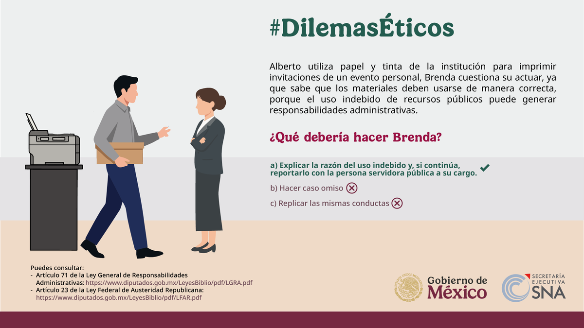 SESNAOficial's tweet photo. #DilemasÉticos

Cuando alguien usa recursos del trabajo para fines personales y te invita a hacer lo mismo, la decisión que tomes define tu integridad.

Proteger los recursos públicos y materiales, es una responsabilidad diaria de todas y todos.

#ÉticaPública https://t.co/wkaU2cGCya