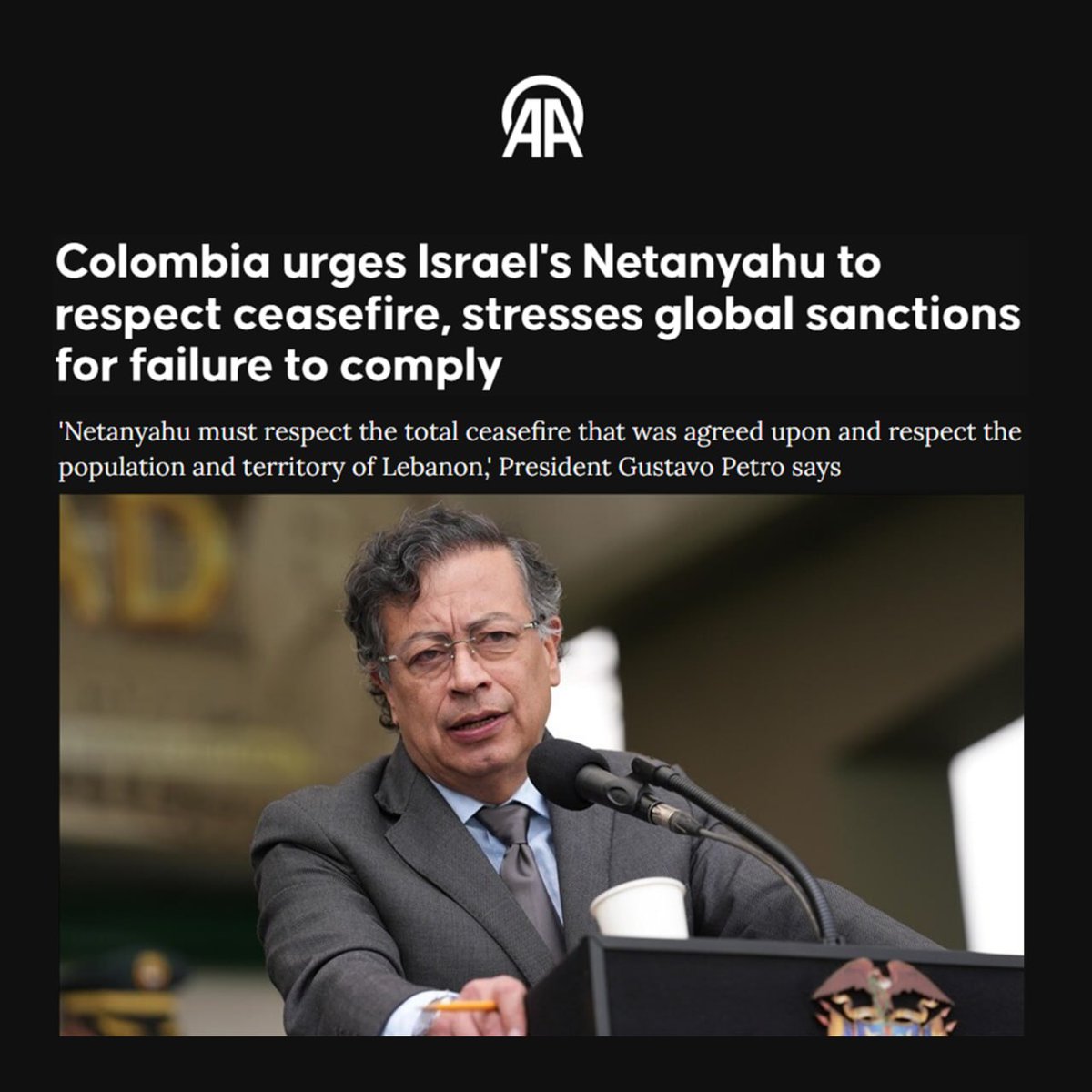 2Yapbi's tweet photo. Gustavo Petro (Kolombiya Cumhurbaşkanı): Netanyahu Lübnan'da ateşkese uymalıdır, aksi takdirde tüm dünya İsrail'e ambargo uygulamalıdır. https://t.co/VcIxx9gYru