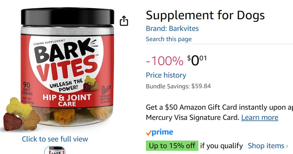 Pricerrors's tweet image. 1 CENT DOG SUPPLEMENTS PRICE ERROR 

Bundle of 3 at checkout

Shipped by Amazon themselves

pricedoffers.com/mxxan #ad
