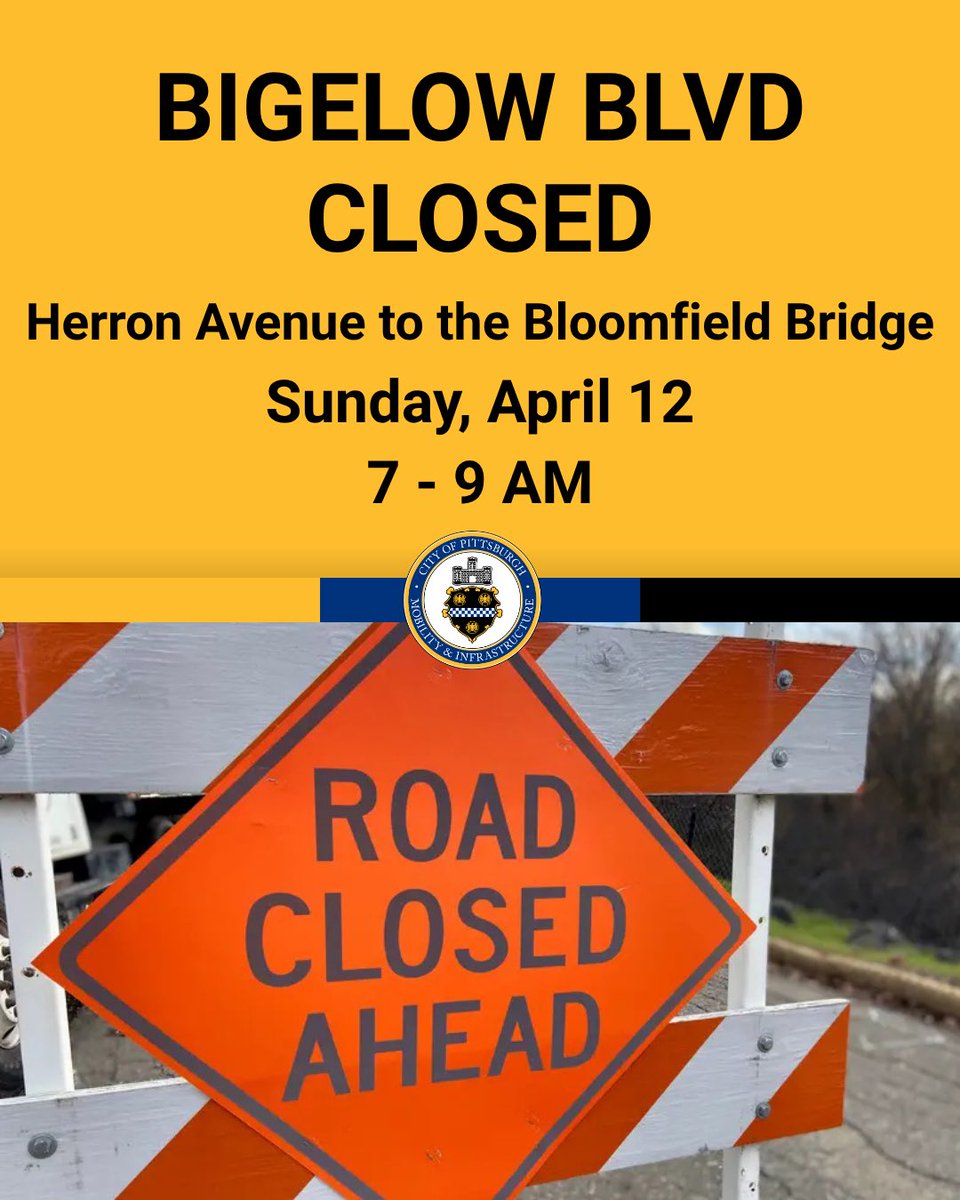 Pittsburgh's tweet photo. 🚧 Bigelow Boulevard Outbound Closed Sunday Morning for Forestry Maintenance from Herron Ave to the Bloomfield Bridge 🚧
 
During this time, the outbound lane will be closed to vehicular traffic except for emergency vehicles and buses. Motorists should seek alternative routes. https://t.co/9XsAYpWnAn