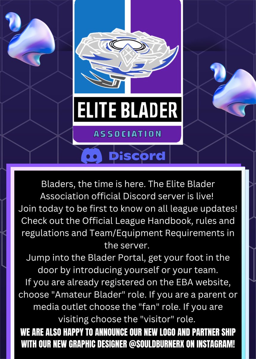 EliteBladerAssn's tweet photo. Bladers the time is here. The Elite Blader Association official Discord server is live! 
https://t.co/IJRNLy1wTr
Join today to be first to know on all league updates!

Check out the Official League Handbook, rules and regulations and Team/Equipment Requirements in the server. https://t.co/6Wy9S5Zkjn