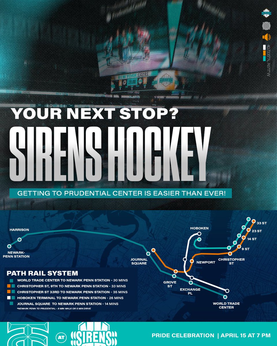 PWHL_NewYork's tweet photo. Your next stop: Sirens Hockey 🚨

Getting to Prudential Center has never been easier—NJ Transit, PATH, you name it. Make your plans now and be in the building for our Pride Celebration on April 15th!

🎟️: https://t.co/txB4PHN4Ar https://t.co/Az2eL4sDMz