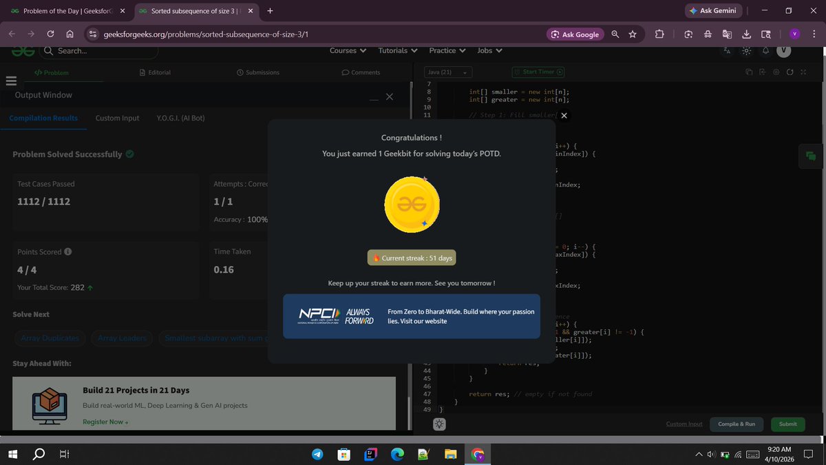 vidant92's tweet photo. Day 51 of #GFG60DaysChallenge
Solved: Sorted subsequence of size 3.
@geeksforgeeks
@NPCI_NPCI
#geekstreak60 #npci https://t.co/XnKegMg1fo