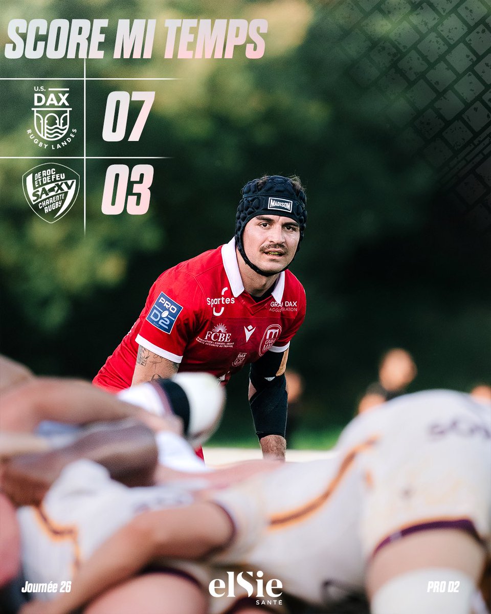 usdaxrugby's tweet photo. ๐ ๐-๐ง๐๐ ๐ฃ๐ฆ ๐ดโช
Un premier acte fermรฉ, oรน les deux รฉquipes s'observent mais nos Dacquois sont devants ! Notre partenaire ๐๐๐ฆ๐๐ ๐ฆ๐๐ก๐ง๐ vous annonce le score ร la pause !
@usdaxrugby 07-03 @SAXV_Charente
#usdax #ProD2 https://t.co/6e8Y6xeGWv