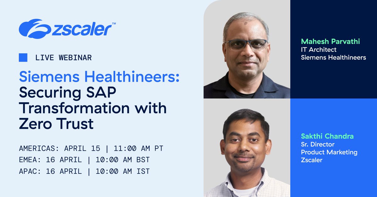 zscaler's tweet image. If you’re migrating #SAP to #MicrosoftAzure, don’t let legacy #firewalls and #VPNs create blind spots.

Register for this webinar to hear how @SiemensHealth modernized SAP security with #ZeroTrust ➡ bit.ly/4eeTJgD