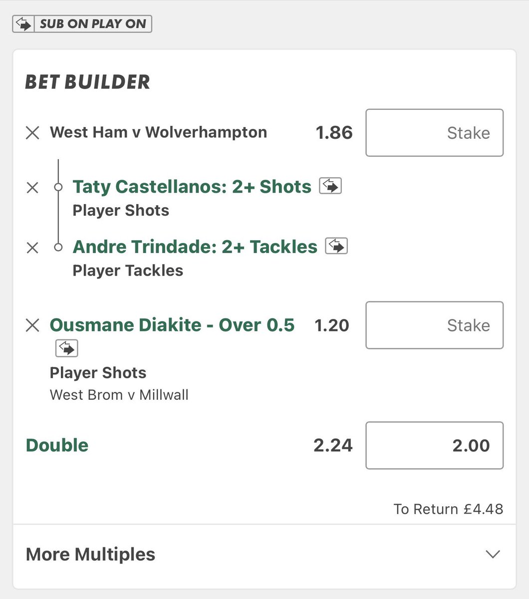 KP_tipster's tweet photo. #WHUWOL #WBAMIL Play:
(2u, 0.5u) Castellanos + Diakite shots + Andre tackles @ 2.24, 6.60🪜
✍️
All stats via @StatsHubCom
Castellanos is averaging 3.22 shots at home this season. Again, this is a must win for West Ham so seeing him priced anything over 1.20 seems INSANE to me. Model projects fair odds around 1.16.
Andre is averaging 2.71 tackles p90, with a strong matchup in Soucek & Fernandes which in isolation is great but with the added context of the matchup it’s an incredible line. Model projects fair odds around 1.30.
Diakite is averaging 2.13 shots p90 at home. Model projects fair odds around 1.14.