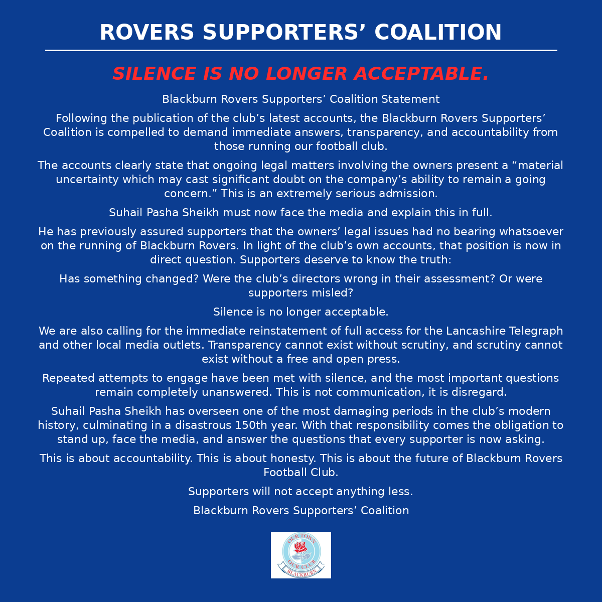 Blackburn Rovers Supporters Coalition tweet media