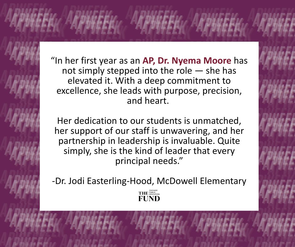 TheFundChicago's tweet photo. Let's finish Assistant Principal Appreciation Week strong! 🎉

Thank you to all of our APs who invest deeply in our students and staff! Though this marks the end of AP Week, let’s show our appreciation year-round! #APWeek
@ChiPubSchools https://t.co/tNHE44UilO
