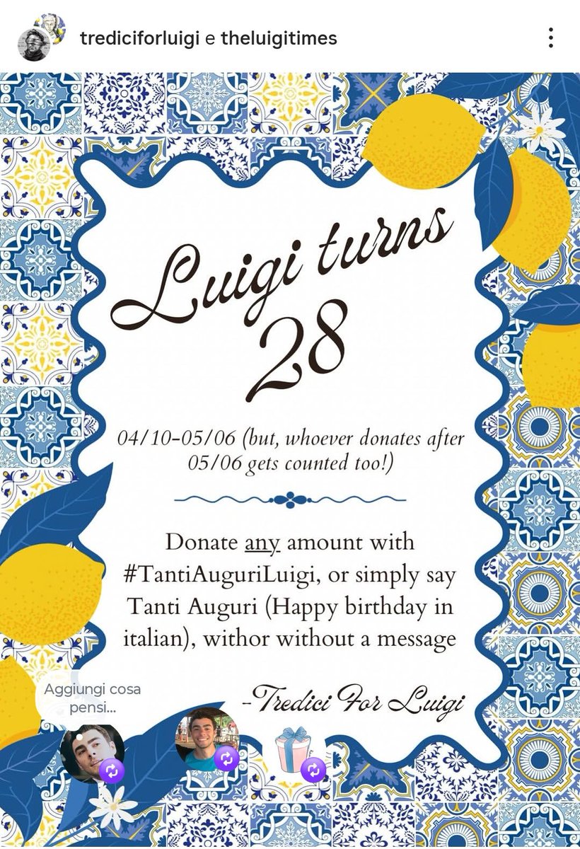 2 beautiful initiatives to celebrate Luigi's 28th(🥹😭)birthday next month, by donating to his legal fund,using the hashtags  #LiberateAt28 and #TantiAuguriLuigi 💚
givesendgo.com/luigi-defense-…