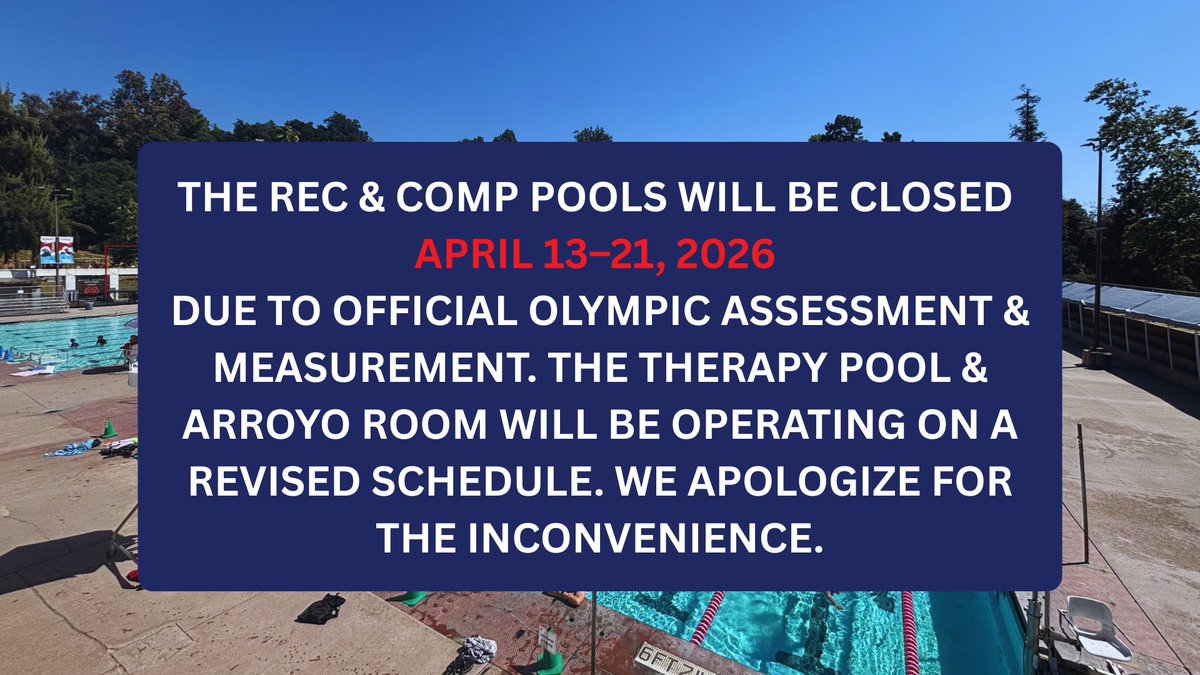 RBAC_updates's tweet photo. THE REC &amp; COMP POOLS WILL BE CLOSED
APRIL 13–21, 2026 DUE TO OFFICIAL OLYMPIC ASSESSMENT &amp; MEASUREMENT. THE THERAPY POOL &amp; ARROYO ROOM WILL BE OPERATING ON A REVISED SCHEDULE. WE APOLOGIZE FOR THE INCONVENIENCE. https://t.co/Ii1z02Rinm
