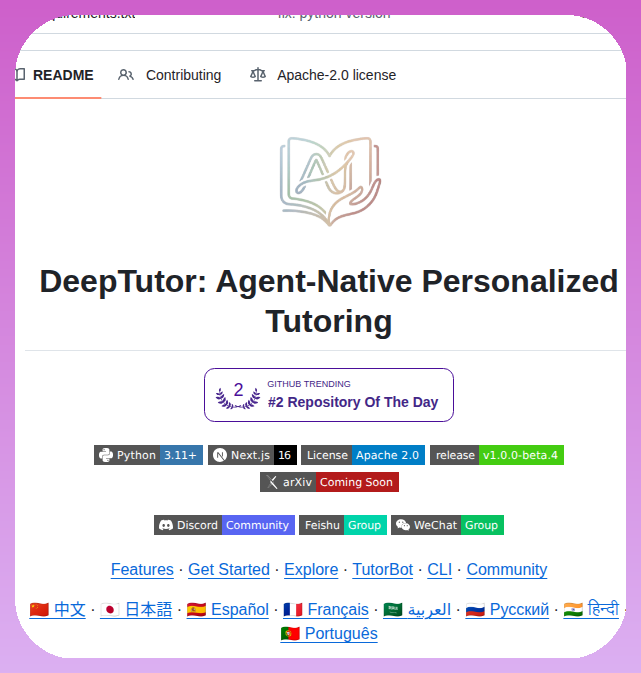 tom_doerr's tweet image. Agent-native personalized tutoring system

github.com/HKUDS/DeepTutor