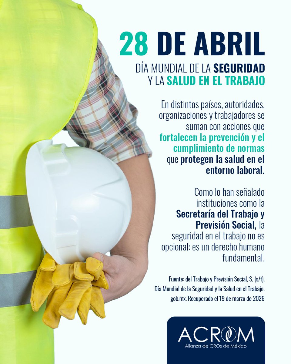 Esta fecha promueve la prevención de accidentes y enfermedades laborales, recordándonos la importancia de crear entornos de trabajo seguros y saludables para todos.🤝
gob.mx/stps/articulos…
#ACROM #diamundialdelaseguridadylasaludeneltrabajo #SaludYTrabajo