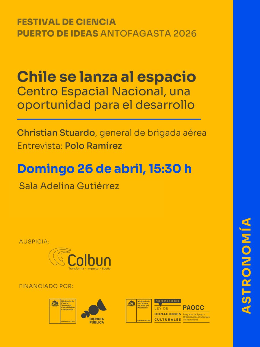 puertodeideas's tweet photo. ¡Chile se lanza al espacio!🛰️El director de la Dirección Espacial de FACH, Christian Stuardo, en entrevista con Polo Ramírez, contará sobre los hitos del Sistema Nacional Satelital y la creación del futuro Centro Espacial Regional de Antofagasta. 
🎟️https://t.co/nKurG6J3y2 https://t.co/lwp0MrxmKW