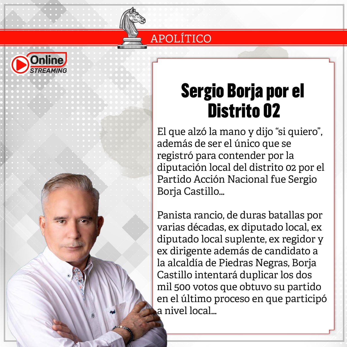 PeriodicoZocalo's tweet photo. #Apolitico: Sergio Borja por el Distrito 02
El que alzó la mano y dijo “si quiero”, además de ser el único que se registró para contender por la diputación local del distrito 02 por el Partido Acción Nacional fue Sergio Borja Castillo…
Panista rancio, de duras batallas por varias décadas, ex diputado local, ex diputado local suplente, ex regidor y ex dirigente además de candidato a la alcaldía de Piedras Negras, Borja Castillo intentará duplicar los dos mil 500 votos que obtuvo su partido en el último proceso en que participó a nivel local…
https://t.co/nABEEnJXXK