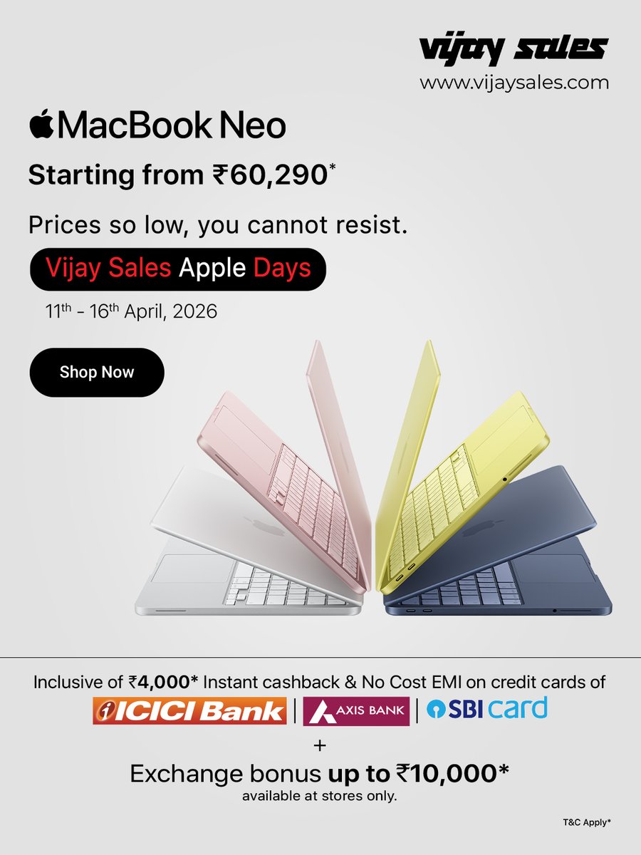 VijaySales's tweet image. The MacBook lineup just got more exciting. 💻✨
MacBook Neo, MacBook Air &amp;amp; MacBook Pro now available at special Apple Days sale prices.

Get yours at Vijay Sales stores or shop online today!

#VijaySales #Apple #AppleIndia #AppleDays #AppleDeals #MacBook #MacBookNeo #MacBookAir