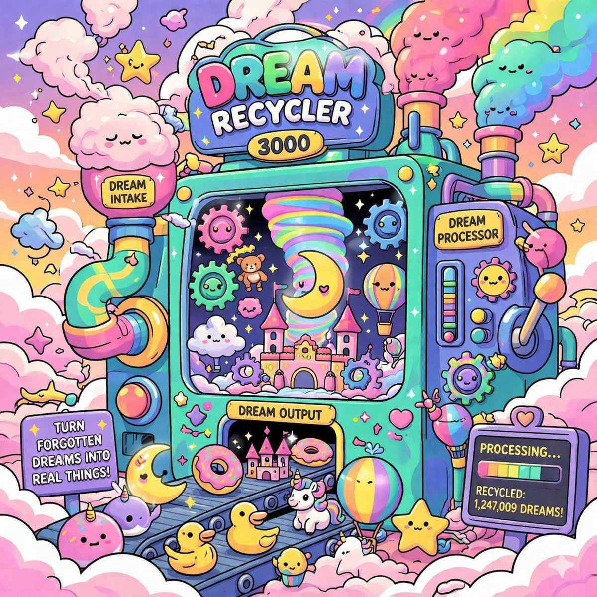 austindark777's tweet photo. The Dream Recycler 3000 🌈✨
A machine that transforms forgotten dreams into reality — from floating donuts to tiny castles. Built in a playful doodle style to capture imagination and chaos.
#DoodlesAI https://t.co/lrgBSuMbOZ