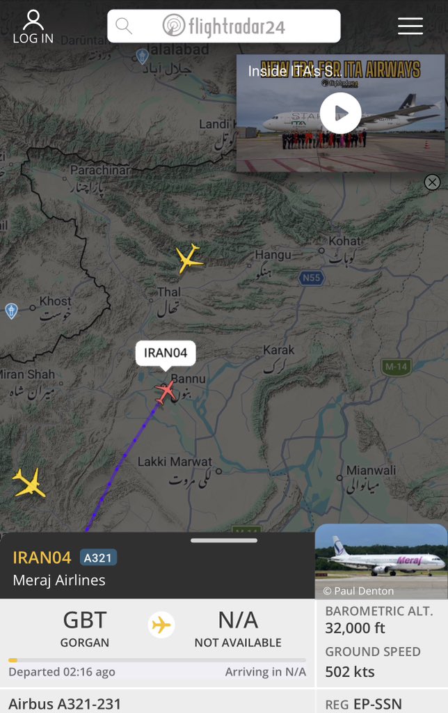 awais4226's tweet photo. 📡 🇮🇷🇵🇰 Air traffic update : The Meraj aircraft carrying the Iranian delegation call sign IRAN04 is currently passing over Bannu, KPK.

Meanwhile a second aircraft, IRAN05 is flying over Jandola, KPK. Both flights are being closely tracked. https://t.co/dg33EZnqcG
