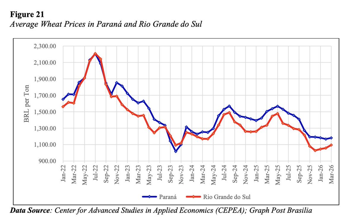 FarmPolicy's tweet image. After a strong decline in domestic #prices of #wheat in mid-2025 in #Brazil, the internal market began to recover in February 2026, with price increases experienced in the main producing states.

From the @USDAForeignAg: tinyurl.com/4bn7hbmj