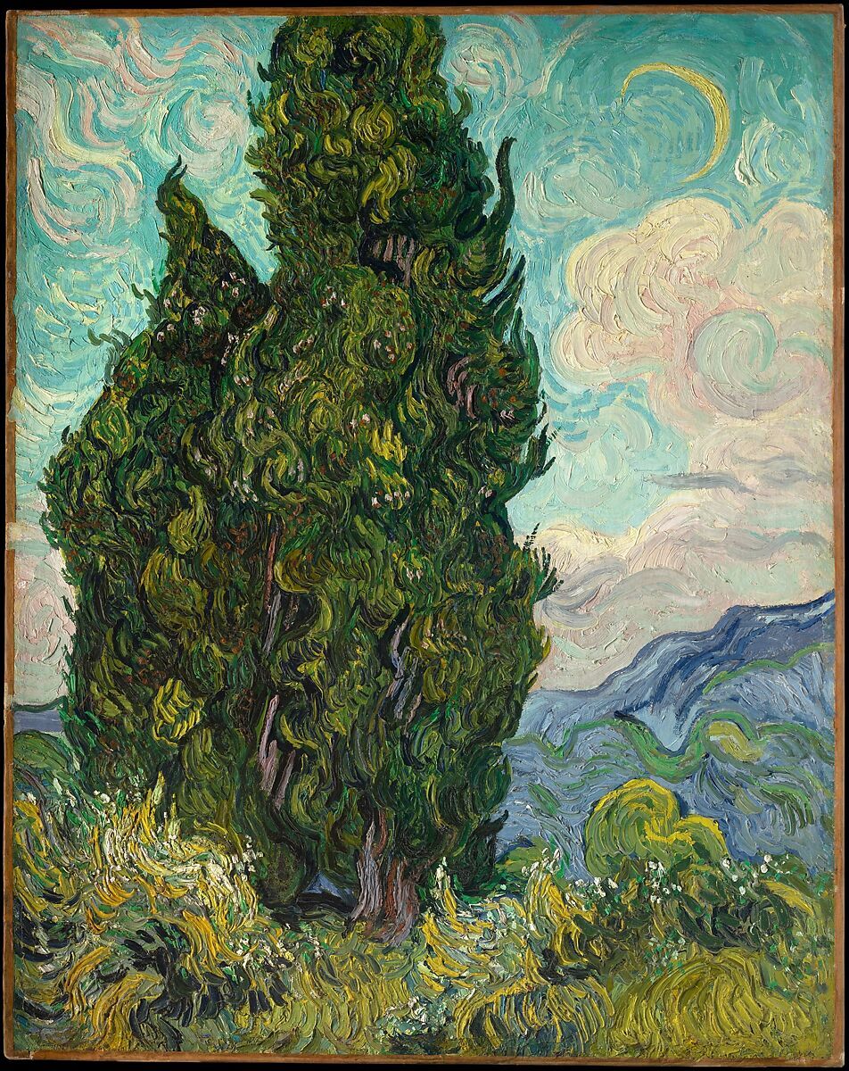 vangoghartist's tweet image. When Van Gogh painted Cypresses (1889), he said they were “like Egyptian obelisks.” Their flame-like forms rise through swirling skies, turning stillness into motion. #artbots #vangogh