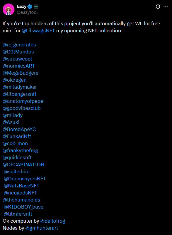 KidoCrew's tweet photo. Collecting almost 3242 TOP HOLDER wallet address from honorary community for upcoming mint @LilswagsNFT 

DROP ADDRESS + Follow @LilswagsNFT + RT
tag friend. i will choose lucky person for GTD

[Update]
Founder: @eazyfool 
Artist/dev: @KidoCrew 
Supply : 3333 (179 traits)
Chain : @ethereum
Honorary Mint : FREE 
Public/ProjectFund : 0.0006 ( if have left )

mint date ( TOMORROW )

https://t.co/2N5TWaZe3g