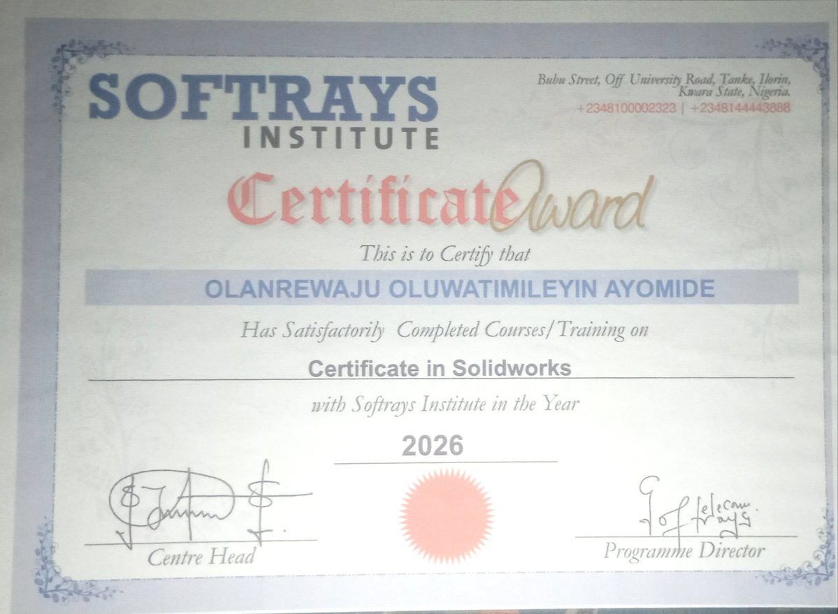 timexxx_x's tweet image. On this day 10th April, 2026, I'm excited to share that I've successfully earned my SolidWorks Certification 💯🤠

Big ups to my tutors and the NiMechE President, Unilorin Chapter for the support and encouragement throughout the time of training 🙏🏾 

#SolidWorks #3Ddesign #CAD