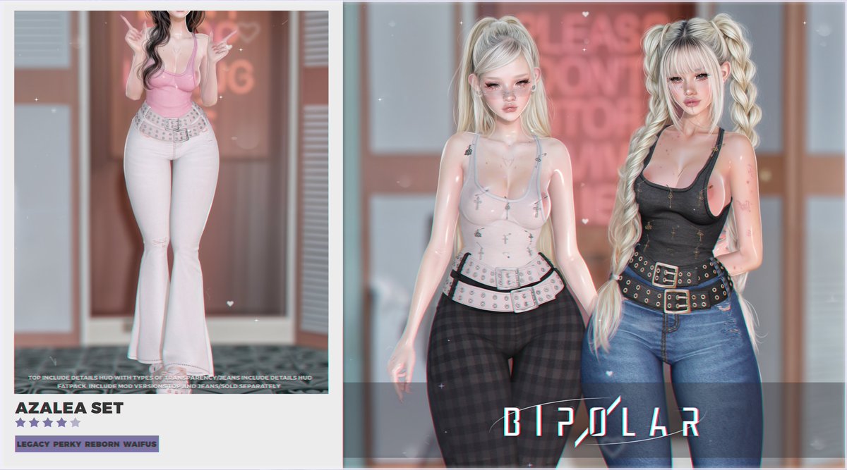 BipolarSl's tweet photo. 💜Bipolar - Azalea Set💜Equal10

💜 Legacy
💜 Perky
💜 Reborn
💜 Waifus

💜 Each Top include details HUD with transparency options
💜 Each Jeans include details HUD

💜equal10 Event💜 https://t.co/FtgSbiGry0

💜Store Taxi💜 https://t.co/swqiLEDJtg

Hair - Angelic and Rama https://t.co/1GKkVw9hTj