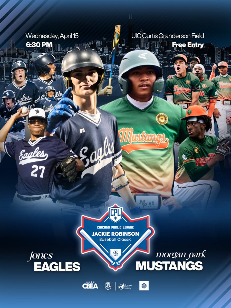 CPLAthletics's tweet photo. Jackie Robinson Classic: Year 3️⃣ !

CPL is proud to partner with @CBEA_UIC &amp; @BLKBSBMEDIA to once again honor MLB legend Jackie Robinson’s legacy.

 📅 : April 15, 2026
📍: Curtis Granderson Stadium (901 W. Roosevelt)
⚾ : Morgan Park vs Jones at 6:30 PM
🎟️: FREE

@ChiPubSchools https://t.co/fsNft5KidW