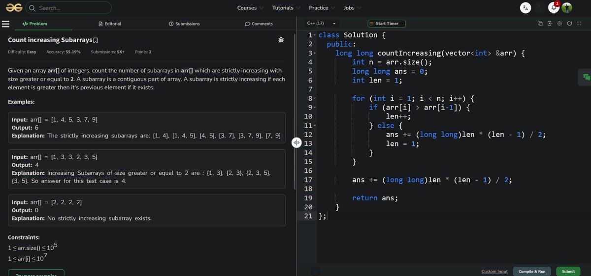 RamanujT080's tweet photo. Day 9 of POTD 🚀

Solved Count Strictly Increasing Subarrays.

Instead of checking all subarrays, tracked increasing streaks and used n(n-1)/2.

Key idea: count patterns, not brute force.

@GeeksforGeeks

#POTD #DSA #coding #100DaysOfCode https://t.co/4XCrtdTZNG