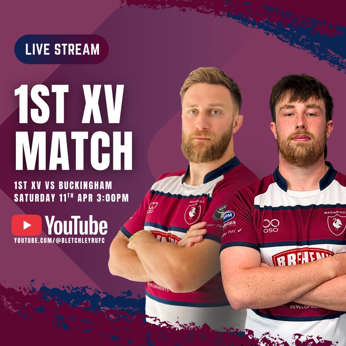BletchleyRUFC's tweet image. 𝗟𝗜𝗩𝗘 𝗢𝗡 𝗬𝗢𝗨𝗧𝗨𝗕𝗘 𝗧𝗢𝗗𝗔𝗬 🔥📺

It’s derby day on the road as the 1st XV face Buckingham 🏉💪

Watch live 👇
👉 YouTube.com/@BletchleyRUFC

🕒 KO: 3:00pm

#WeAreBletchley #BRUFC #LiveOnYouTube #AwayDay #DerbyDay #MaroonAndWhite