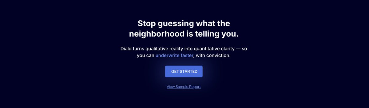 Diald_ai's tweet photo. Stop guessing what the neighborhood is telling you.

If underwriting still takes weeks, you’re working with the wrong inputs.

Diald turns 1.7M+ data points into a single, investment-ready view.

No contracts.
No commitments.
Pay-as-you-go access.

Get started:
https://t.co/Ycn2qr57eY

#CRE #PropTech #AI