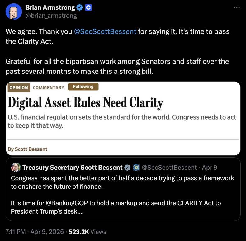 🇺🇸 JUST IN: Coinbase CEO Brian Armstrong backed US Treasury Secretary Scott Bessent’s call to pass the CLARITY Act, saying “it’s time” for the legislation to move forward.