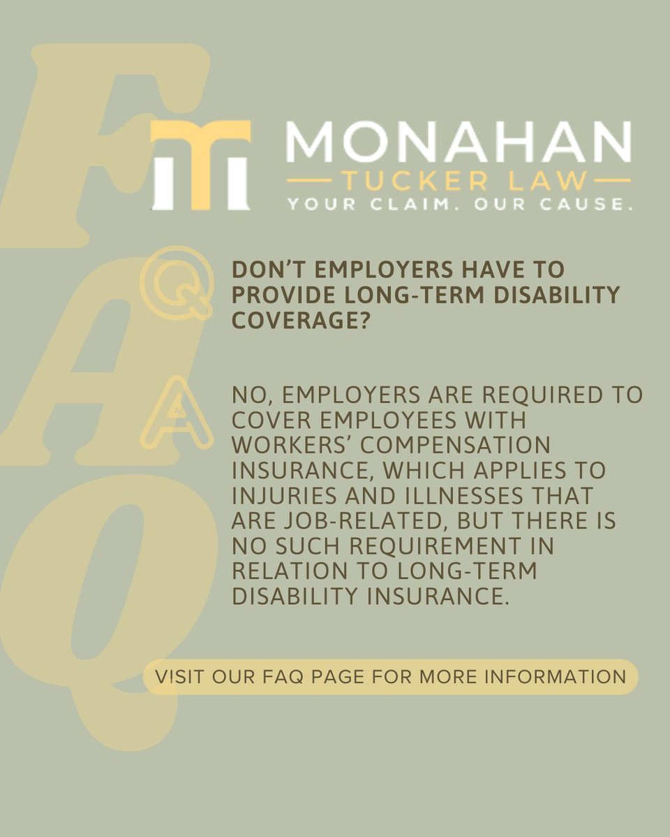 MonTuckerLaw's tweet image. Employers are required to carry workers' compensation for job-related injuries, but most are not required to offer long-term disability insurance, leaving many unprotected when illness or injury strikes. 
#DisabilityCoverage #WorkersCompensation

bit.ly/3ScEyYX