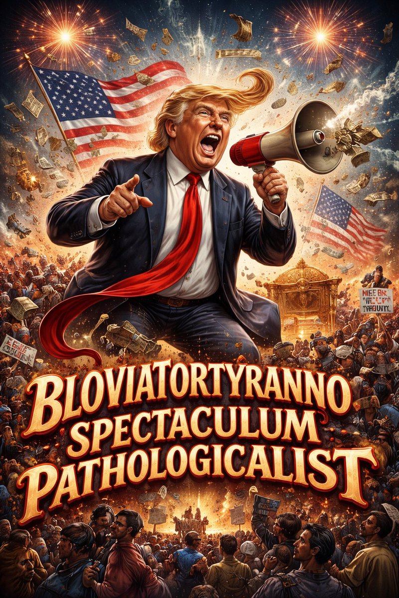jpoptrix's tweet photo. @_josephine0_ Bloviatortyrannospectaculumpathologicalist, A majestic landfill of a word for a man powered by vanity, grievance, spectacle, lies, and the unshakable belief that volume is wisdom. https://t.co/TKFNkQuzoM