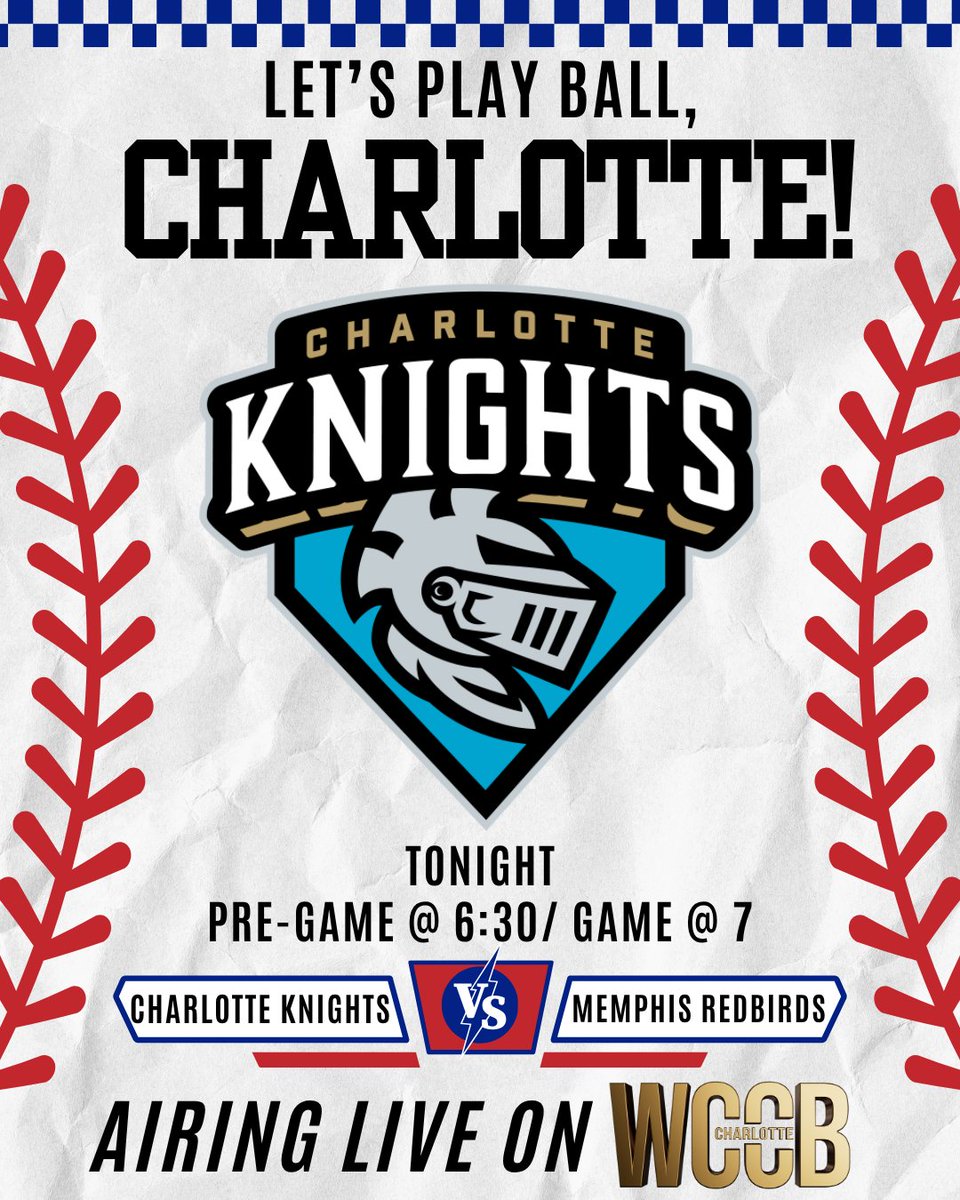 It’s game night on WCCB! ⚾️ 
Tune in tonight at 6:30 PM for the Charlotte Knights pregame show to get ready for all the action, then stay locked in for first pitch at 7:00 PM as the Knights take on Memphis Redbirds! 
Your night is set with Knights baseball on WCCB Charlotte! 📺