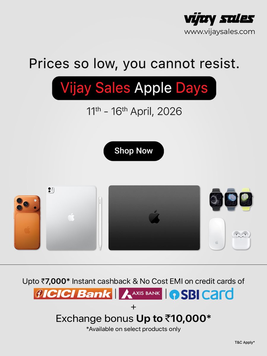 VijaySales's tweet image. It’s time to go all in on Apple. 🤩
Apple Days sale at Vijay Sales is live with unbeatable deals on everything you love.

Hurry in-store or shop online now!

#VijaySales #Apple #AppleIndia #AppleDays #AppleFamily #iPhone #MacBook #AirPods #iPad #iPadPro #AppleWatch