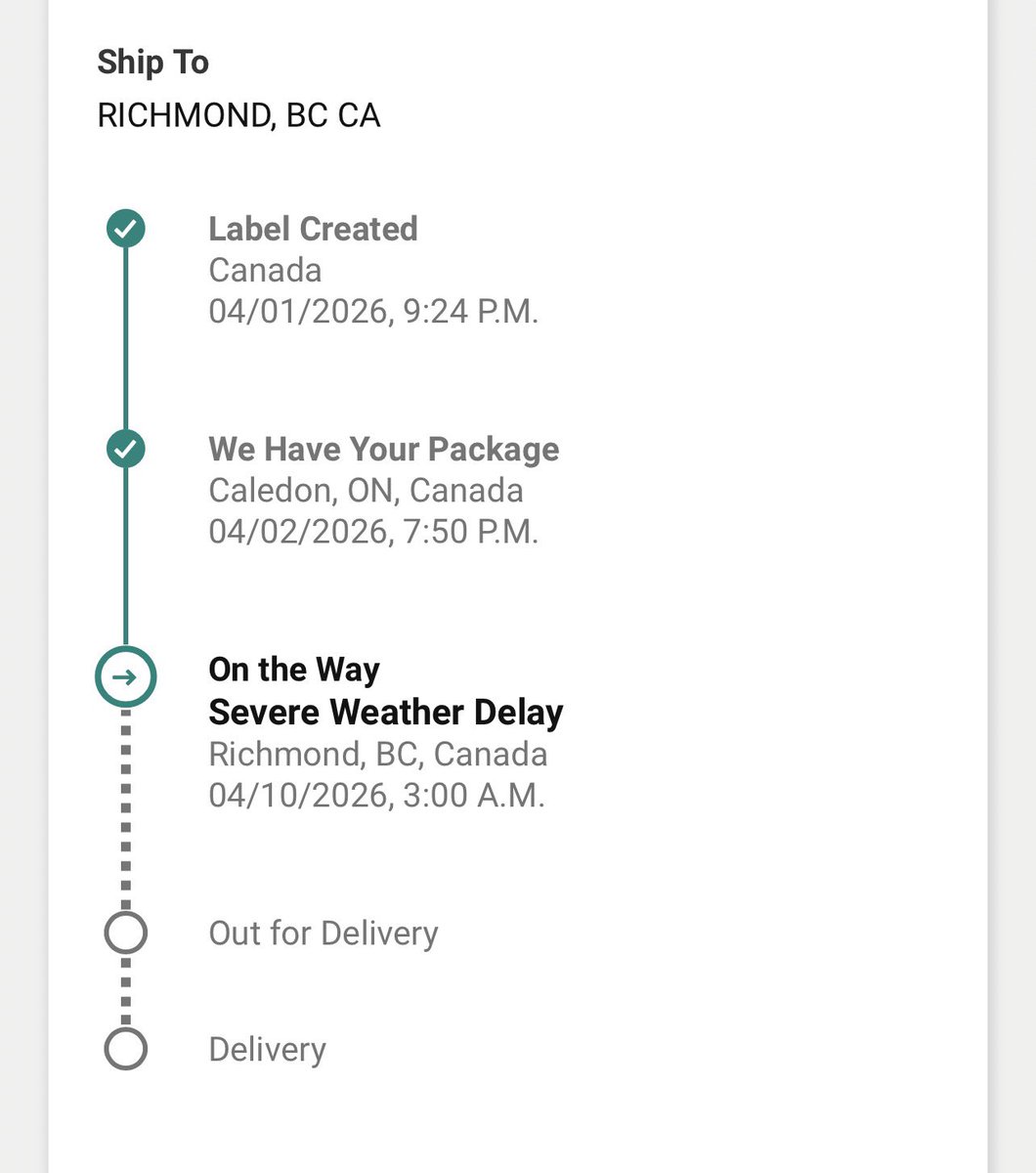 therealest604's tweet photo. @UPS my daughter birthday gift was suppose to be here yesterday. 

On Amazon it said the package was in my city at 11pm then randomly the next morning at 3AM you guys put SEVERE WEATHER DELAY? WHAT. It’s been sunny the whole week. Please check dm. I’ve send the tracking number. https://t.co/IPPG9C0a76