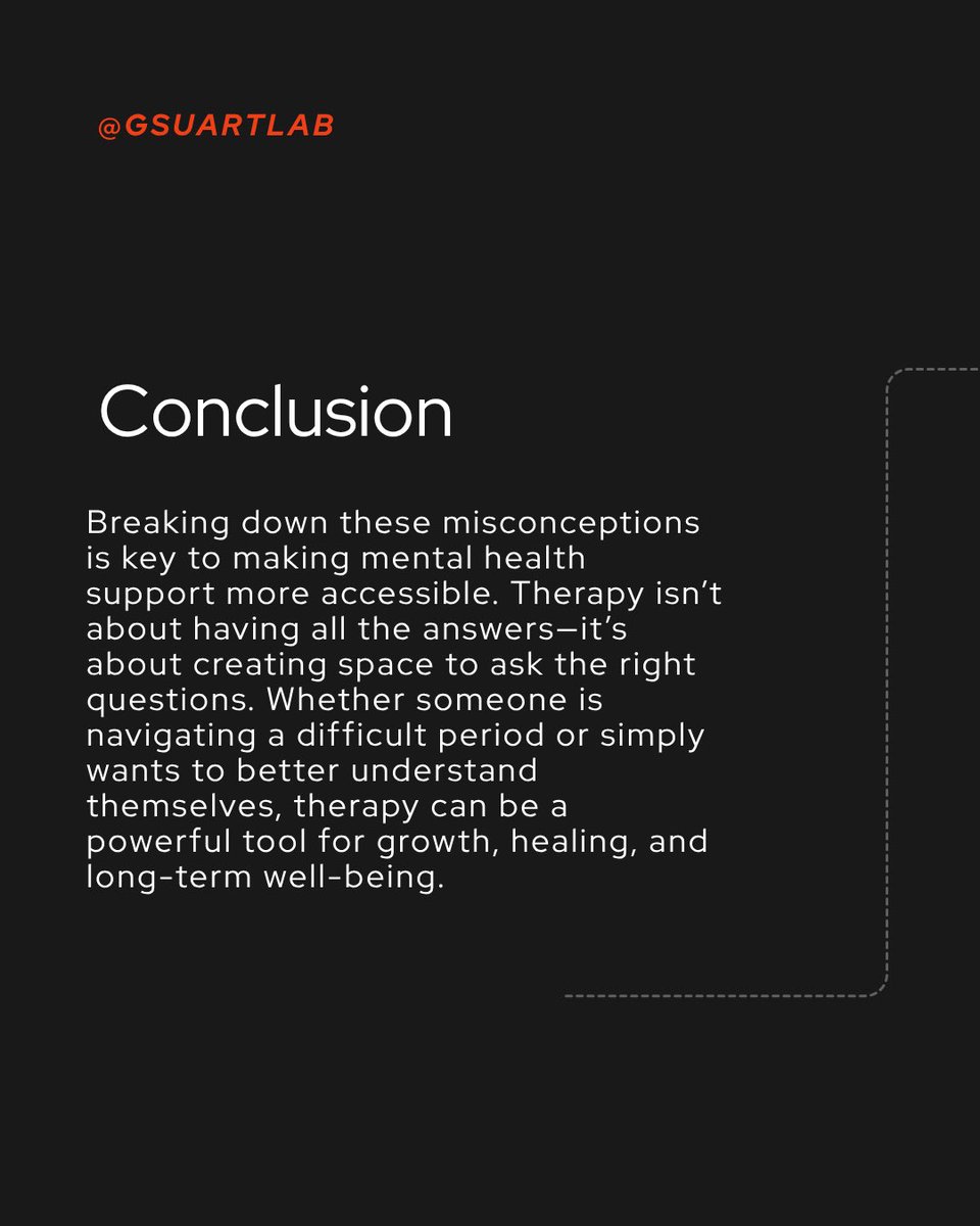 GSUARTLab's tweet photo. There are many misconceptions about therapy. In this post, we will break those misconceptions down. #mentalhealth #therapy #mentalhealthawareness #mentalhealthmatters https://t.co/jvZV8YQw3V