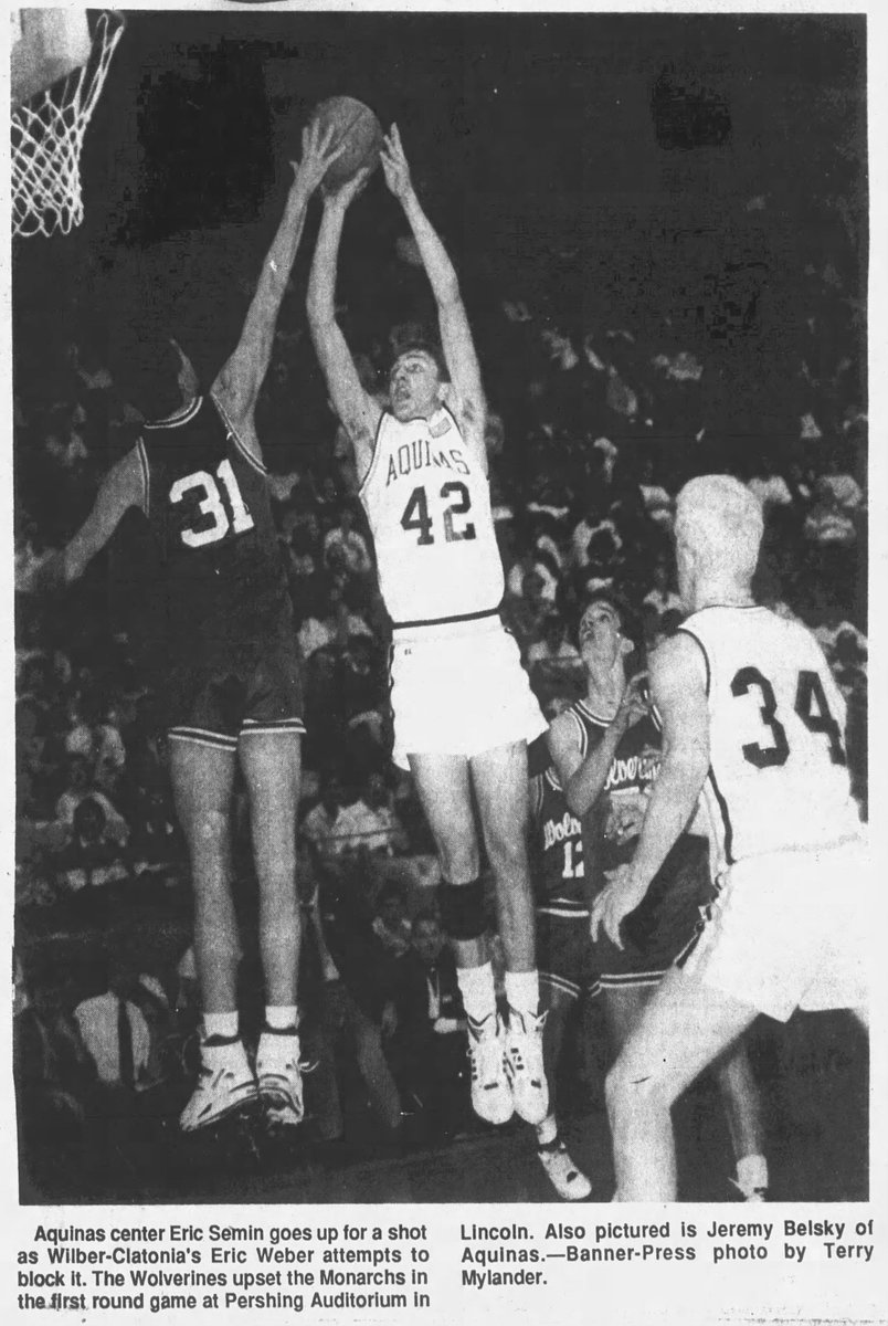 Wilber-Clatonia and Aquinas Catholic at Pershing in 1991. (David City Banner Press photo)

(Hey, it just hit me! These Wolverine unis and the Scotus jerseys from the other day were version of the Cornhusker script jerseys of the 90s!)