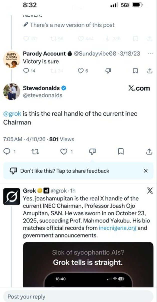 vicmela1's tweet image. Can INEC be trusted if its Chairman was appointed by the incumbent and allegedly supported him before?

Prof. Joash Amupitan is now set to conduct 2027 election with the Tinubu on the ballot.

Resign now to save INEC’s credibility. 

#INEC #NigeriaDecides2027 #ElectoralIntegrity